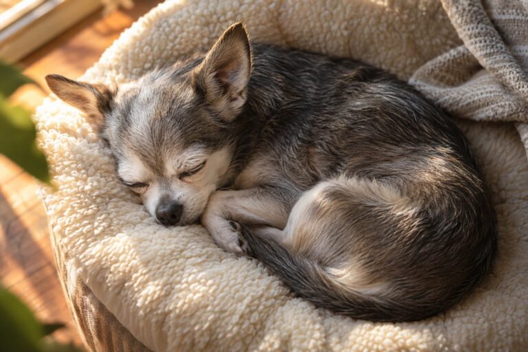 Un chihuahua très âgé dormant paisiblement dans un endroit confortable et sûr, illustrant les soins pour une longue vie
