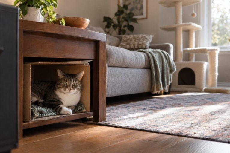 Un chat domestique allongé confortablement dans un coin insolite de maison (sous une table, dans un carton ou un placard), ignorant un arbre à chat design à proximité