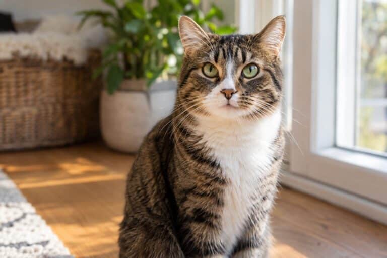 Un chat domestique en gros plan regardant directement l'appareil photo, assis confortablement à l'intérieur d'une maison