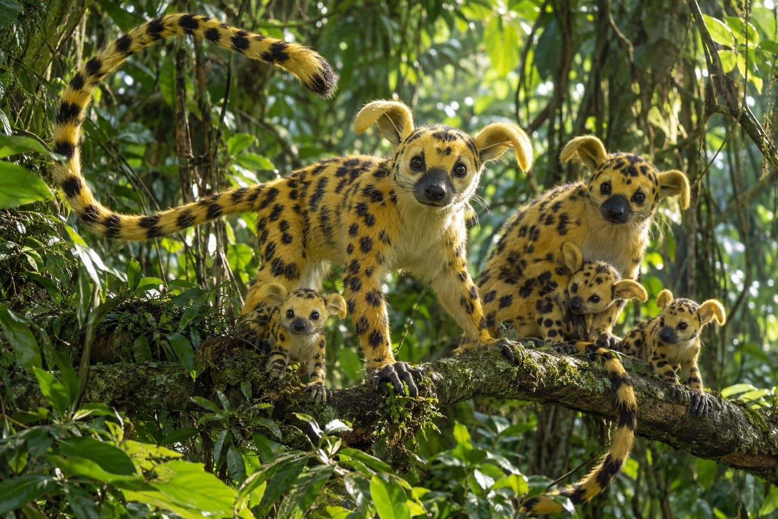Le Marsupilami fictif dans son habitat naturel de Palombie avec sa famille