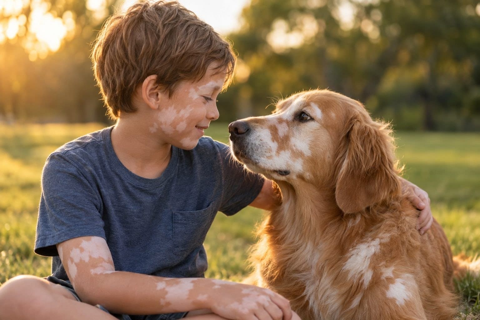 Un petit garçon et un chien Golden Retriever assis côte à côte, montrant visiblement des taches blanches de vitiligo sur leur peau/pelage, dans une ambiance chaleureuse et émotionnelle