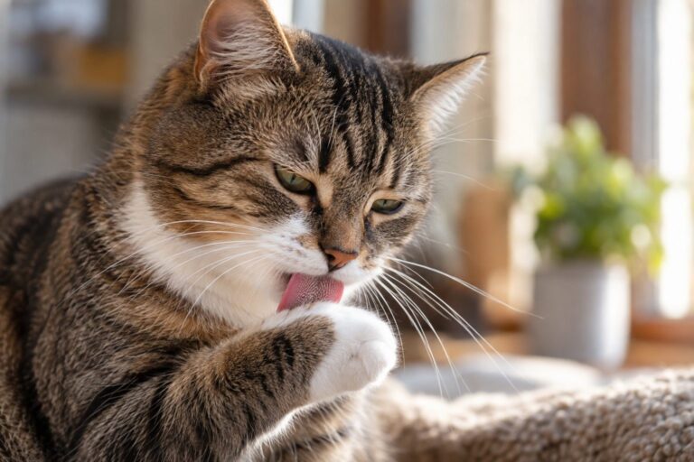 Gros plan d'un chat en train de se lécher la patte pour faire sa toilette, montrant la salive sur ses poils