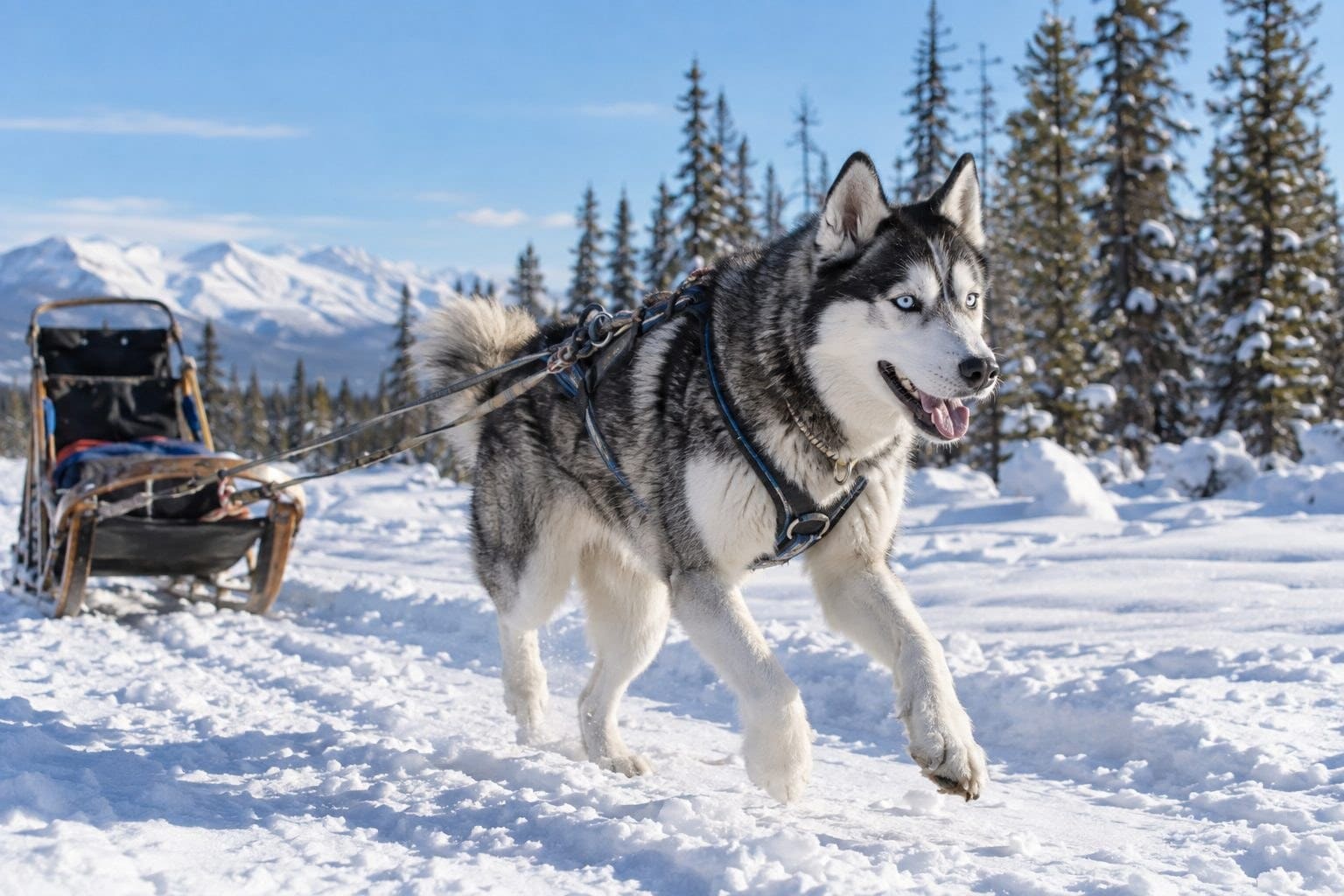 Un Husky de Sibérie en action de traîneau