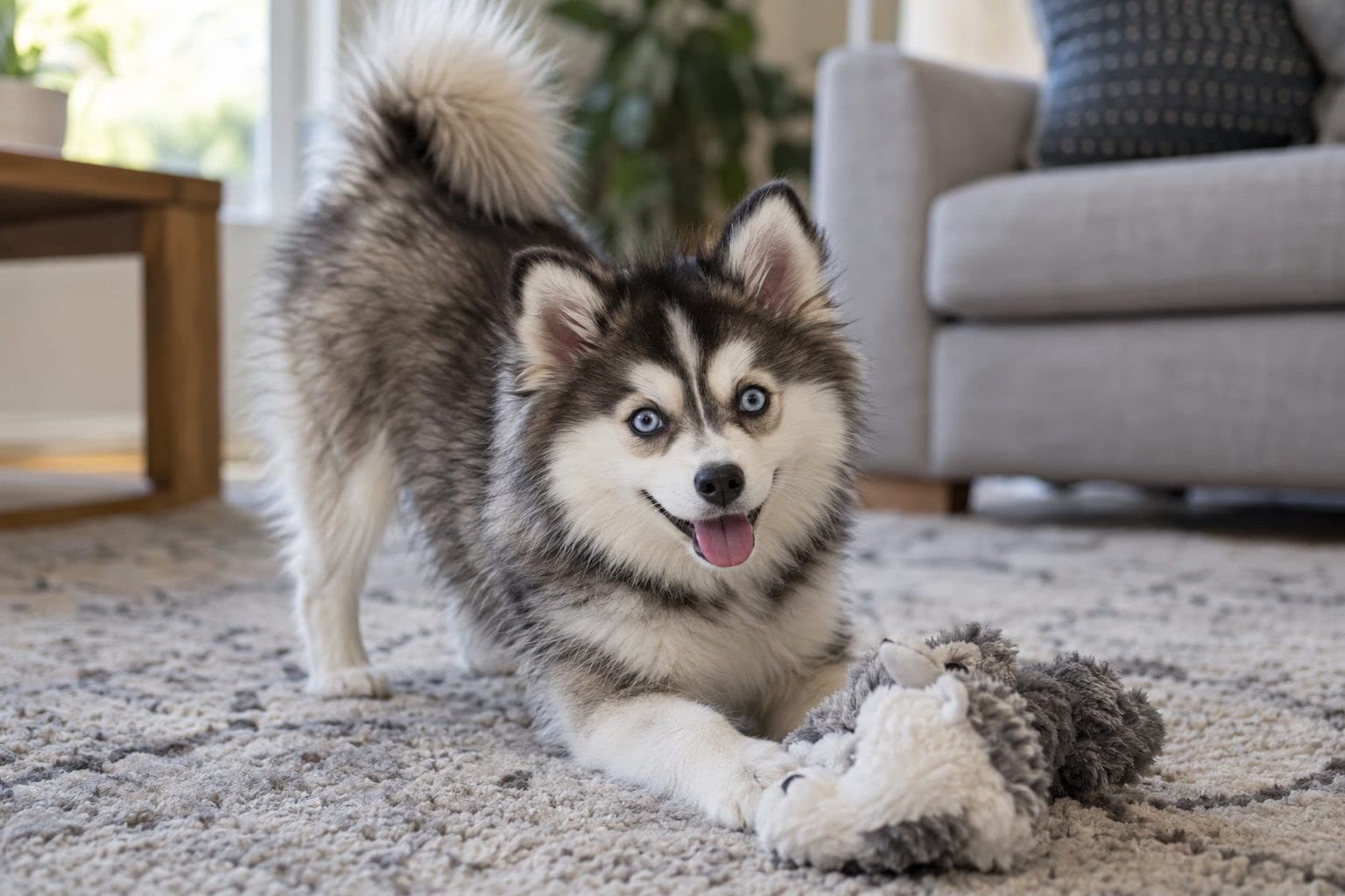 Un Pomsky jouant avec un jouet