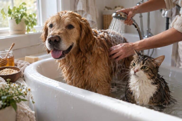 Un chien et un chat mouillés en train d'être baignés avec de l'eau douce dans une baignoire, avec des produits naturels visibles à proximité