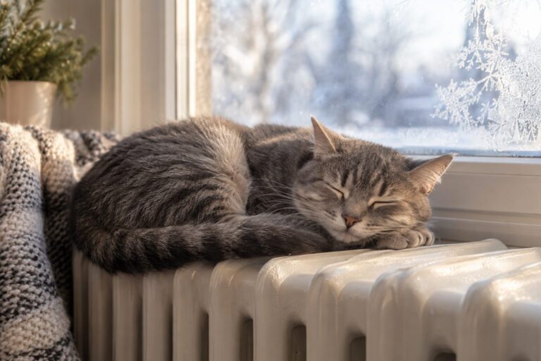 Un chat gris allongé sur un radiateur blanc près d'une fenêtre hivernale, en train de dormir paisiblement avec une expression de contentement