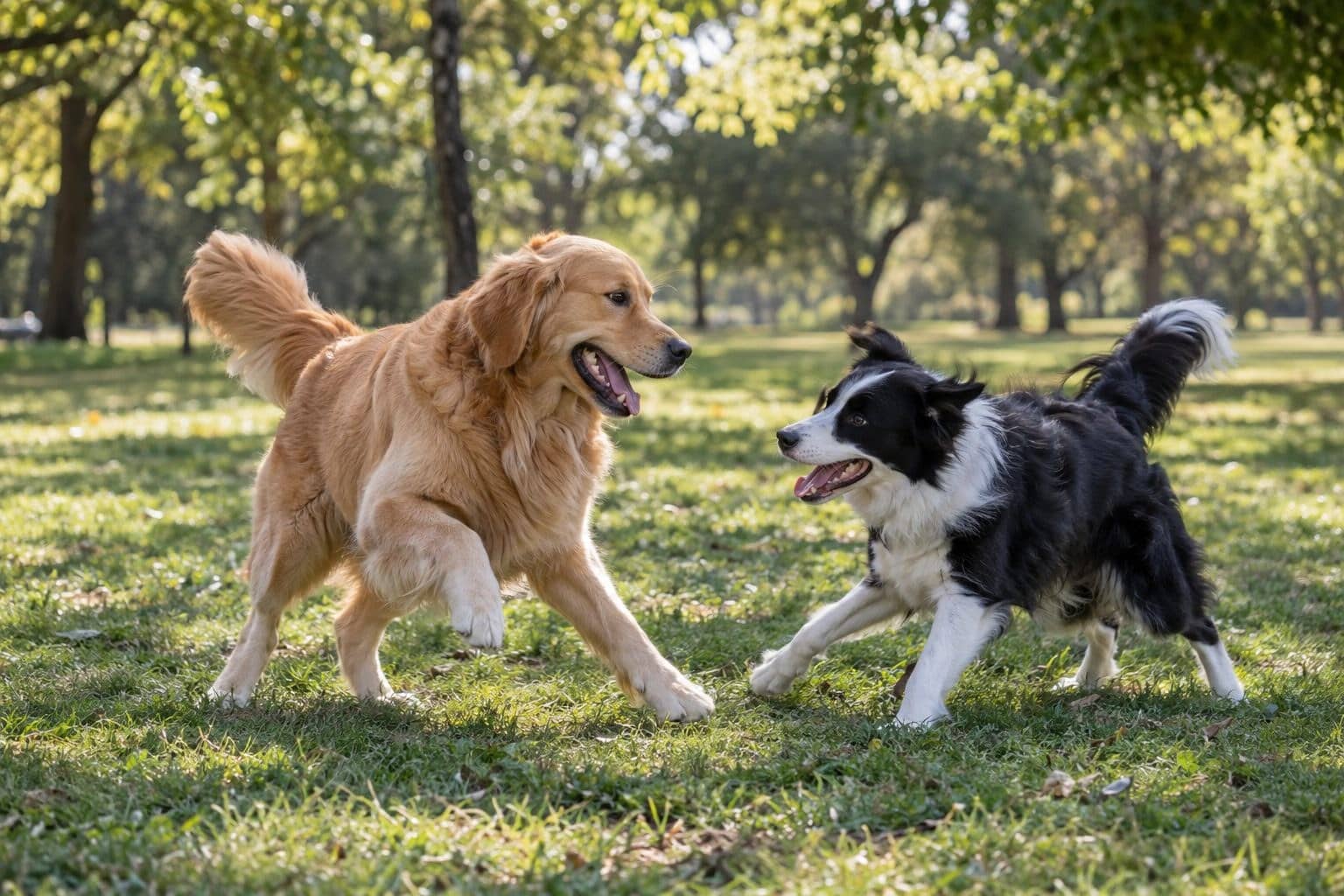 Deux chiens de races différentes jouant ensemble dans un parc, montrant l'interaction sociale entre canidés