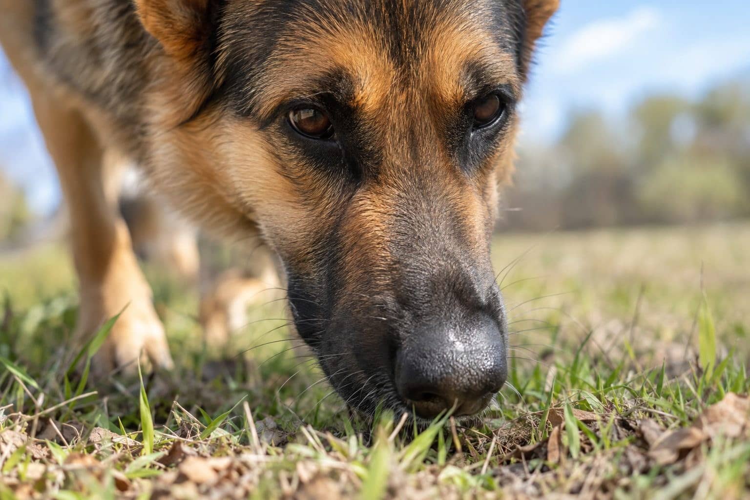 Gros plan de la truffe humide et noire d'un chien en train de détecter une odeur