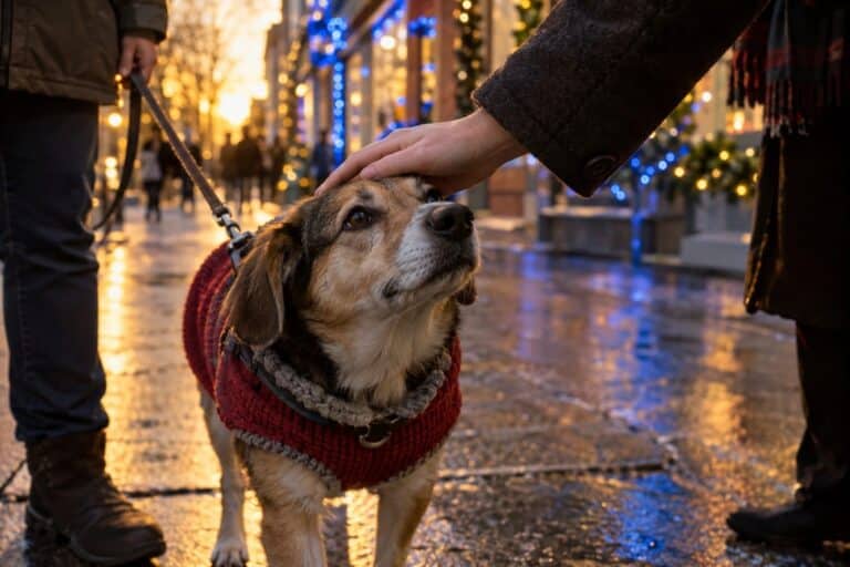Un chien en laisse dans une rue hivernale décorée, avec une main étrangère s'approchant pour le caresser sans permission