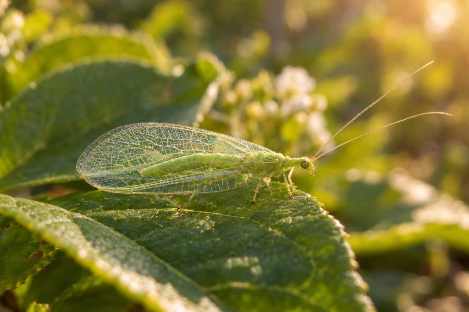 Chrysope adulte aux ailes délicates se posant sur une feuille
