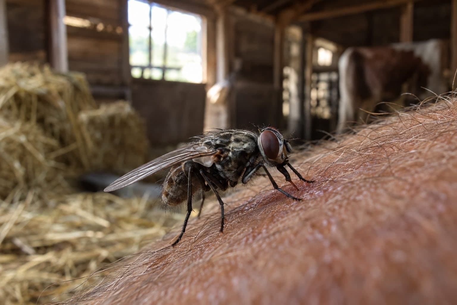 Mouche charbonneuse en train de piquer et se nourrir de sang