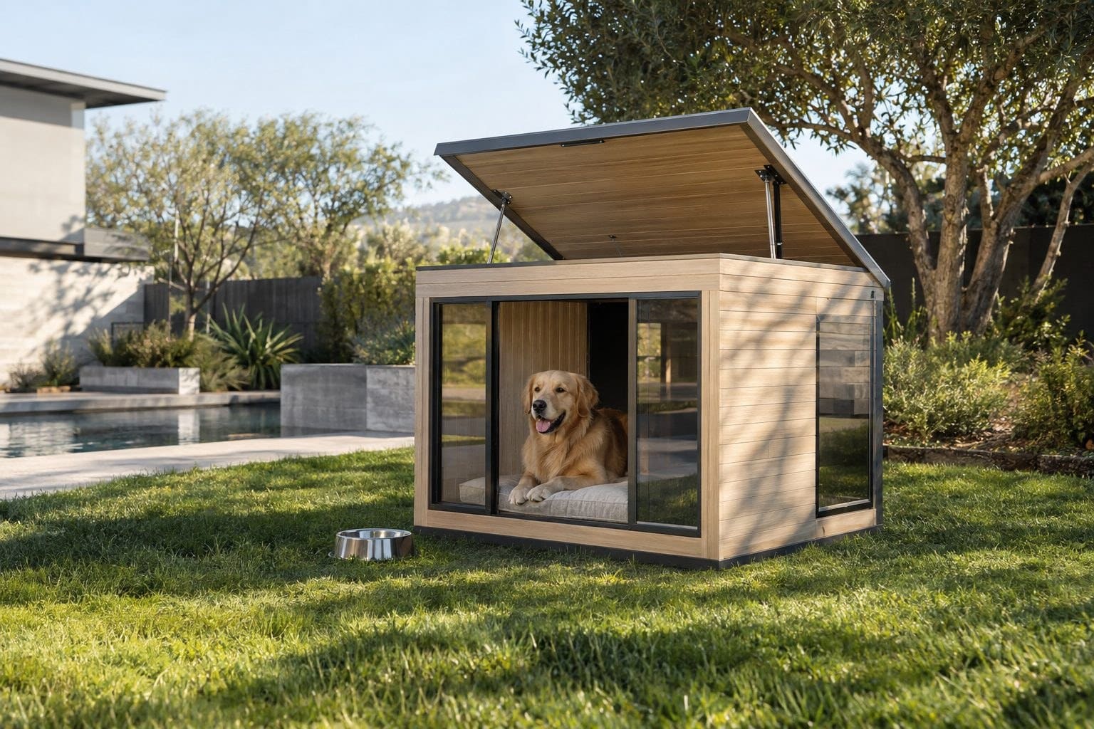 Niche pour chien de style new-yorkais moderne avec fenêtres et toit ouvrant, intégrée dans un jardin résidentiel contemporain