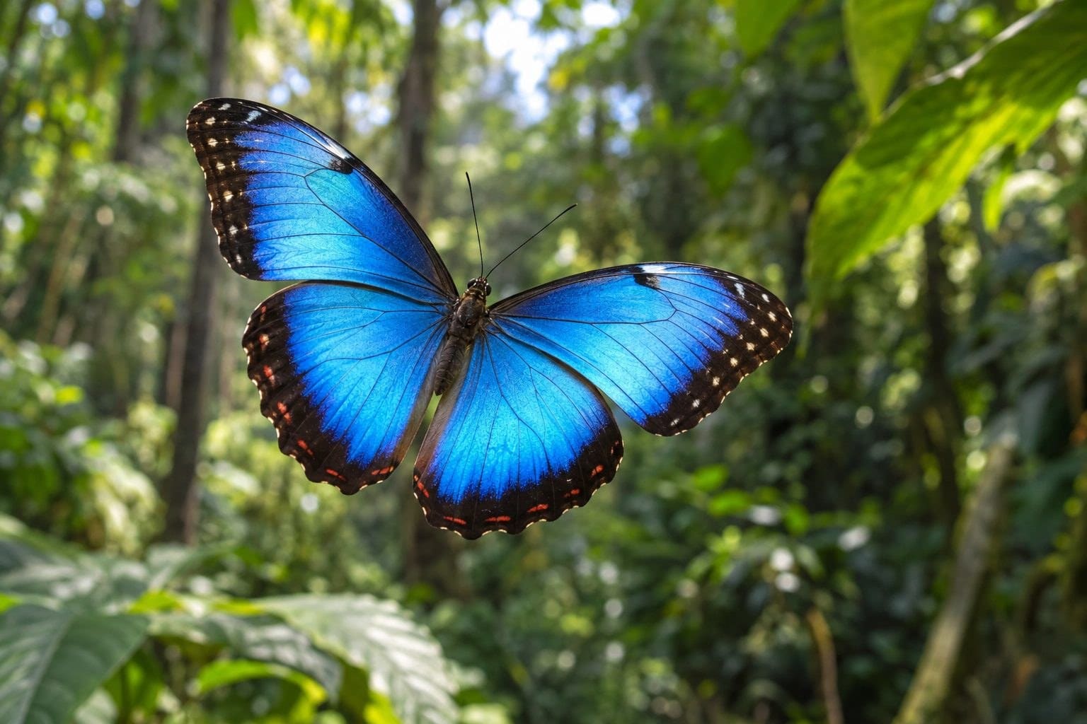 Papillon Morpho bleu en vol montrant ses ailes iridescentes