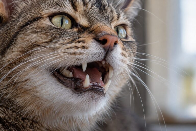 Gros plan du visage d'un chat domestique montrant ses dents et sa mâchoire, avec expression inquiète ou inconfortable