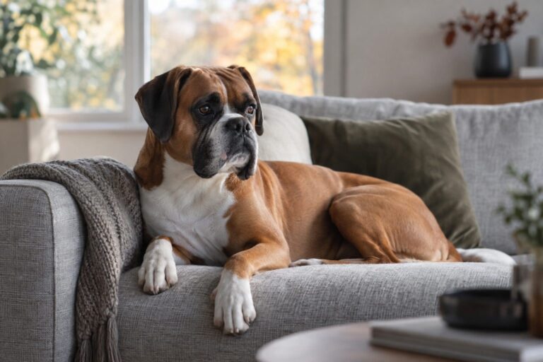 Un chien à poils courts (type Boxer ou Beagle) allongé sur un canapé gris clair dans un salon moderne, avec un pull en laine posé à proximité, illustrant le contraste entre un intérieur propre et la présence d'un chien
