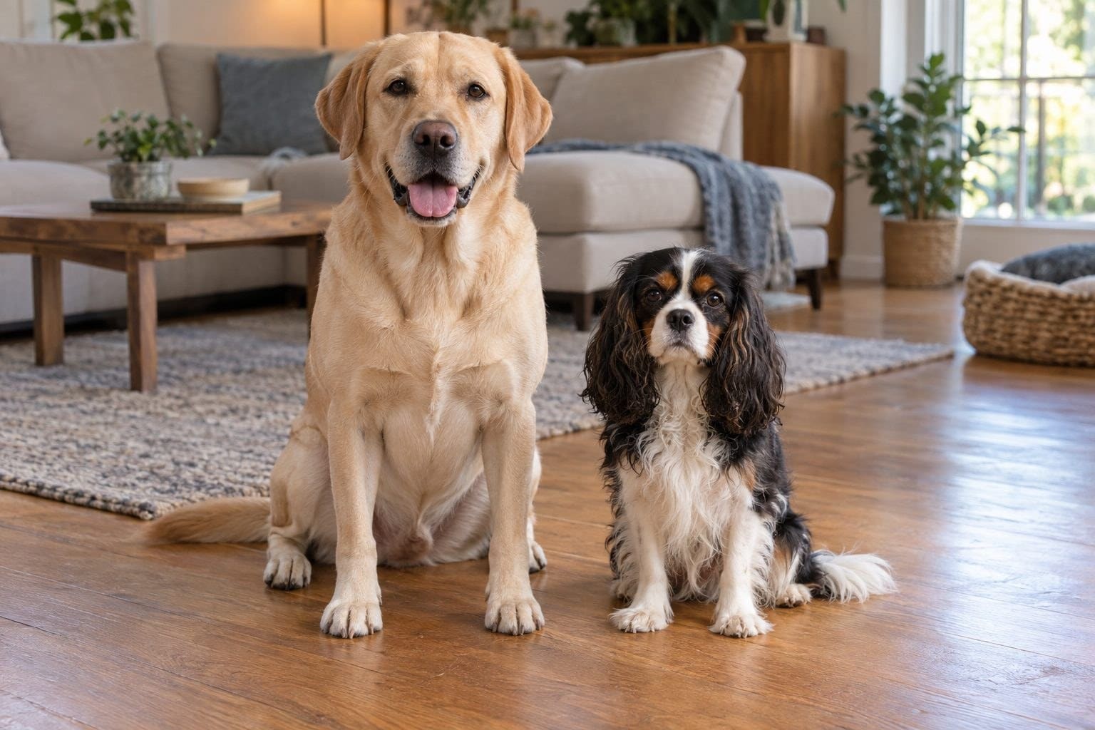 Un Labrador Retriever et un Cavalier King Charles Spaniel assis ensemble dans un salon familial cosy, regardant vers le canapé