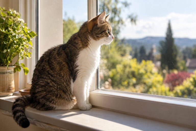 Un chat domestique assis sur un rebord de fenêtre, regardant intensément vers l'extérieur avec les oreilles alertes, lumière naturelle du jour