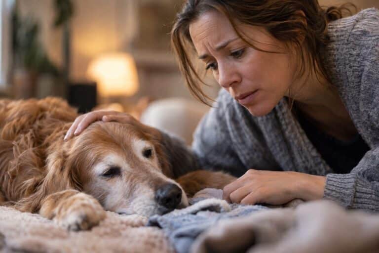 Propriétaire observant attentivement les signes vitaux de son chien (Canis lupus familiaris) lors d'une urgence à domicile - gros plan sur le visage inquiet du propriétaire examinant son animal