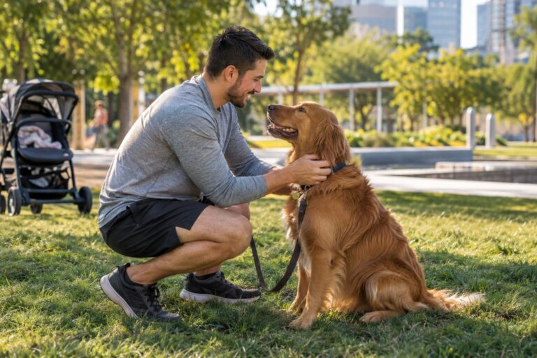 Un homme agenouillé face à son chien dans un parc urbain avec une poussette à proximité, moment émotionnel