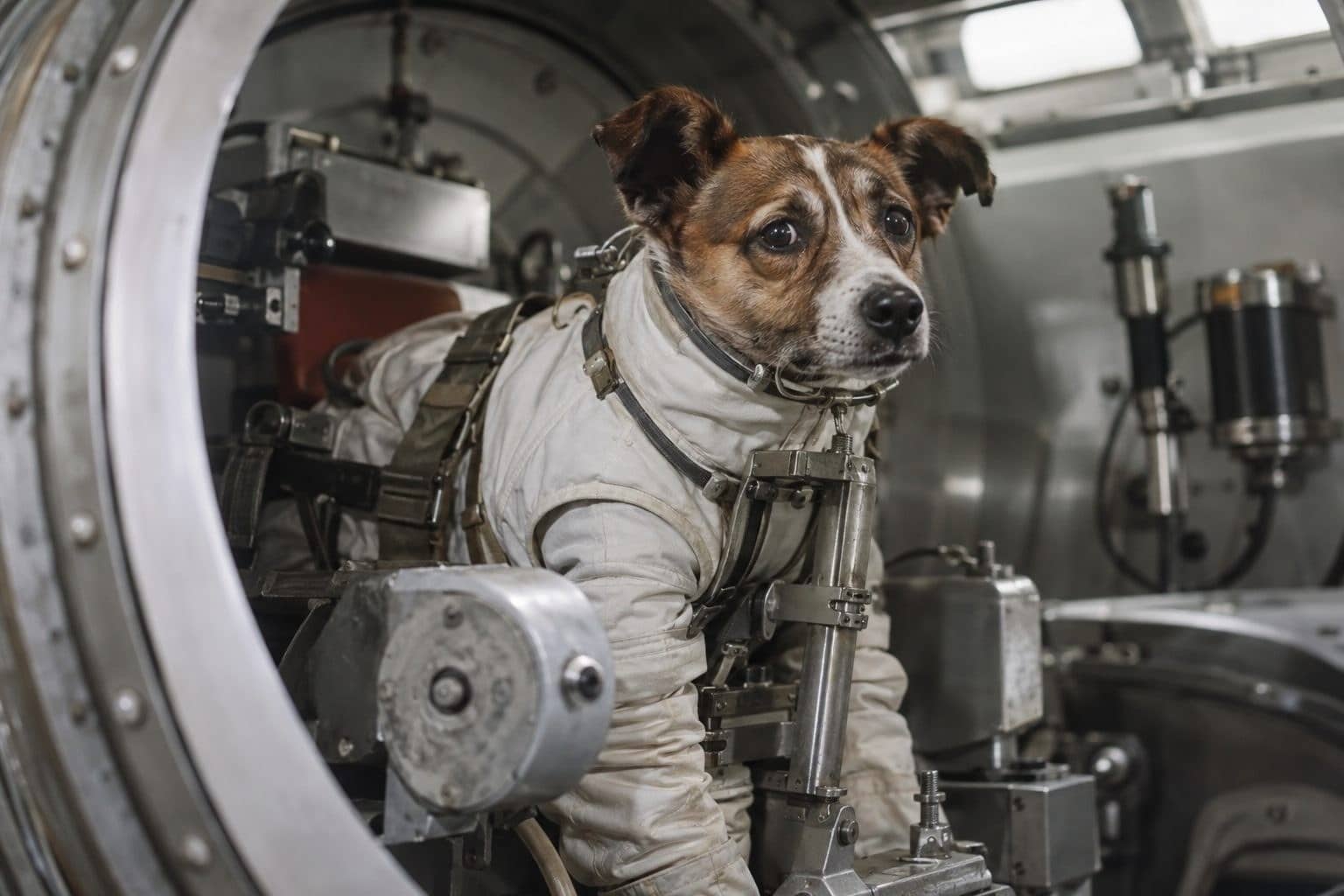 Chienne en combinaison spatiale dans une centrifugeuse scientifique soviétique