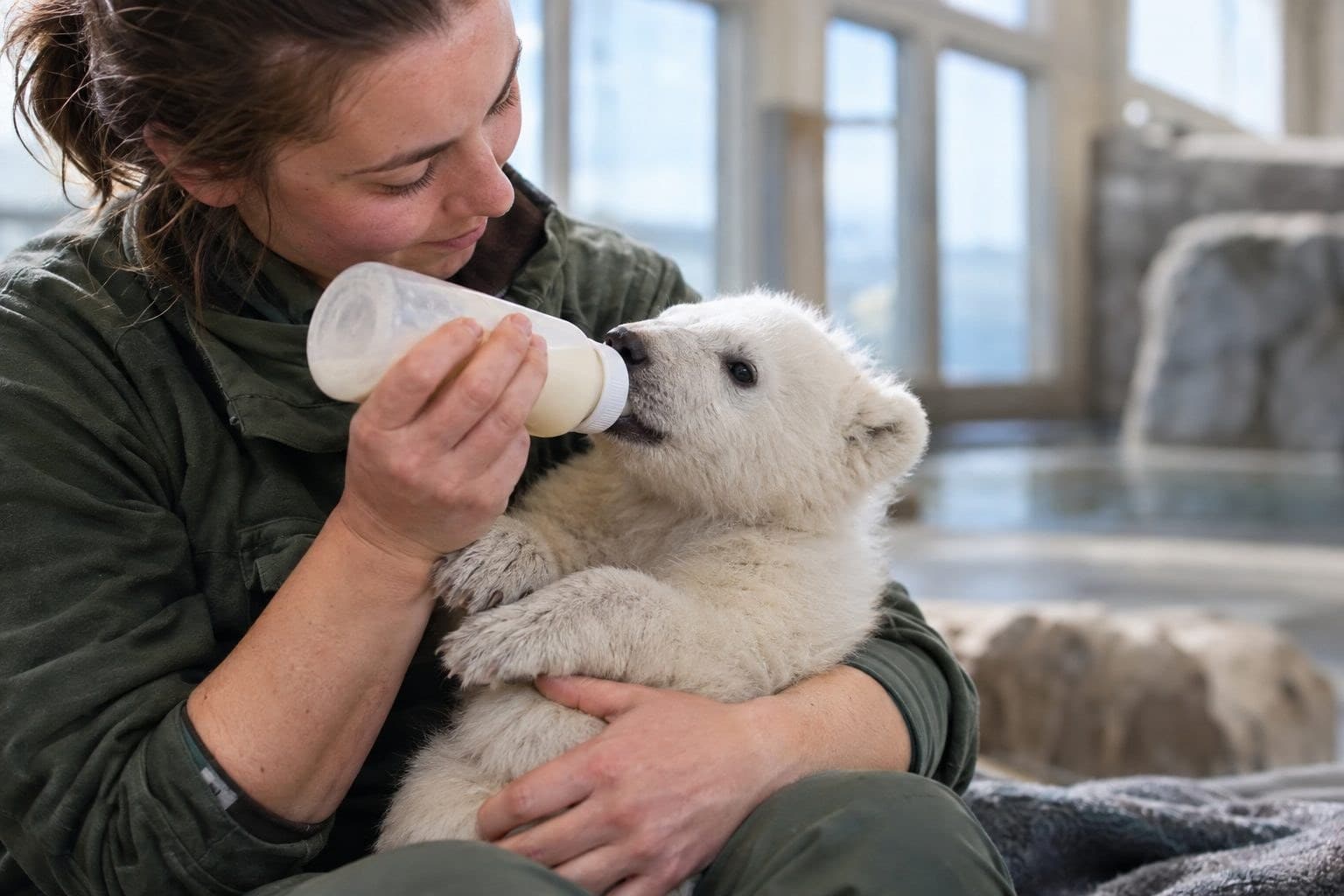 Un soigneur nourrissant un jeune ours polaire au biberon