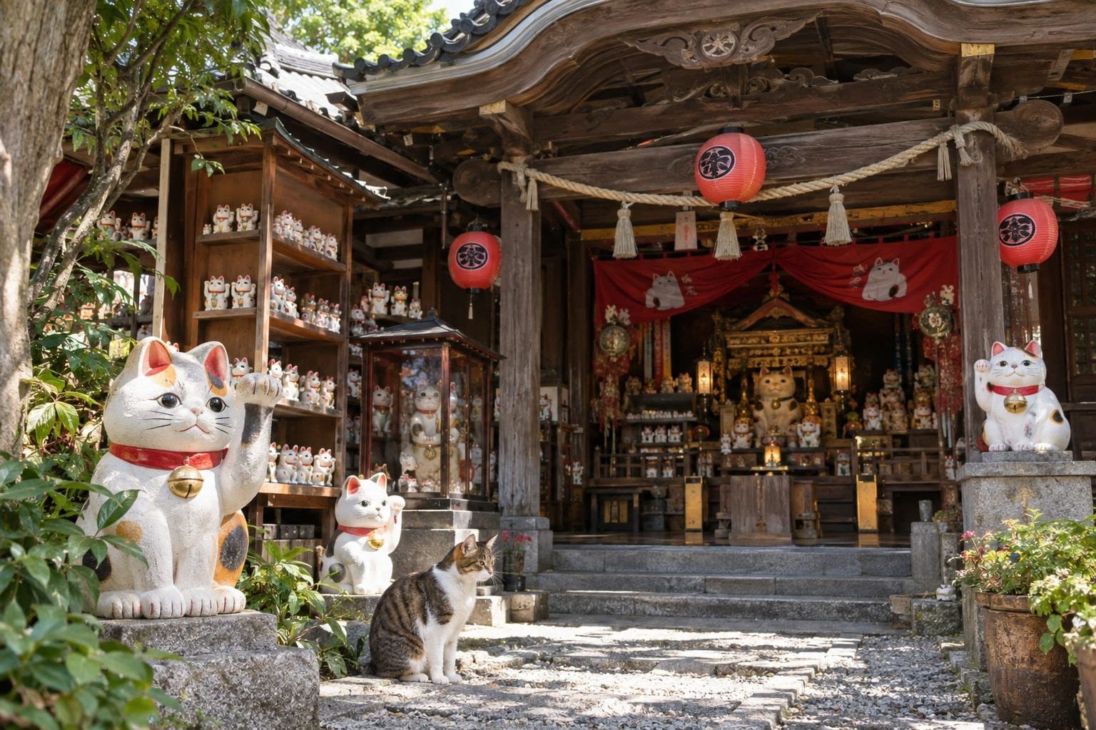 Temple japonais dédié aux chats avec statuettes félines et ornements symboliques