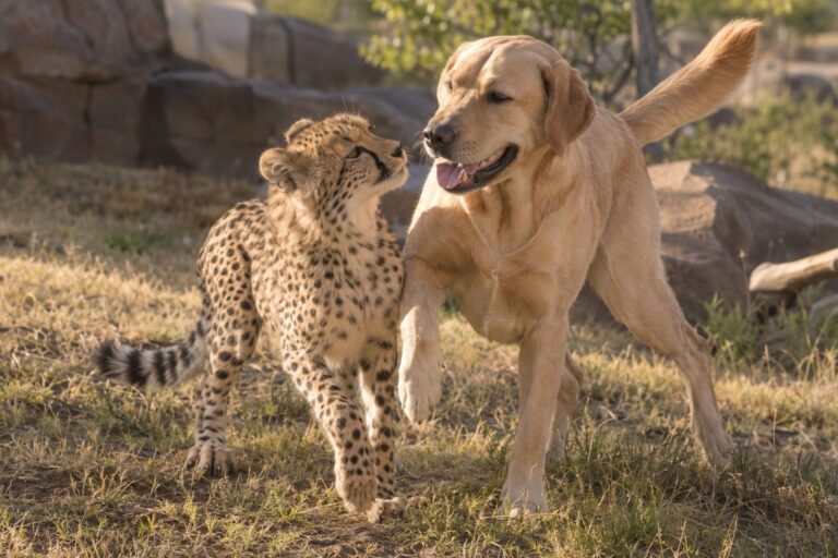 Kumbali le guépard et Kago le labrador retriever jouant ensemble au Metro Richmond Zoo