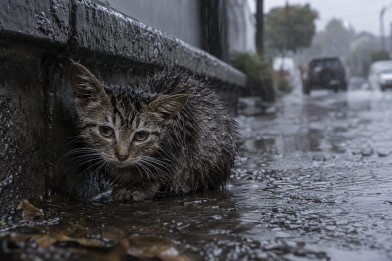 Un chaton gris mouillé et maigre, tremblant sous la pluie dans un caniveau urbain