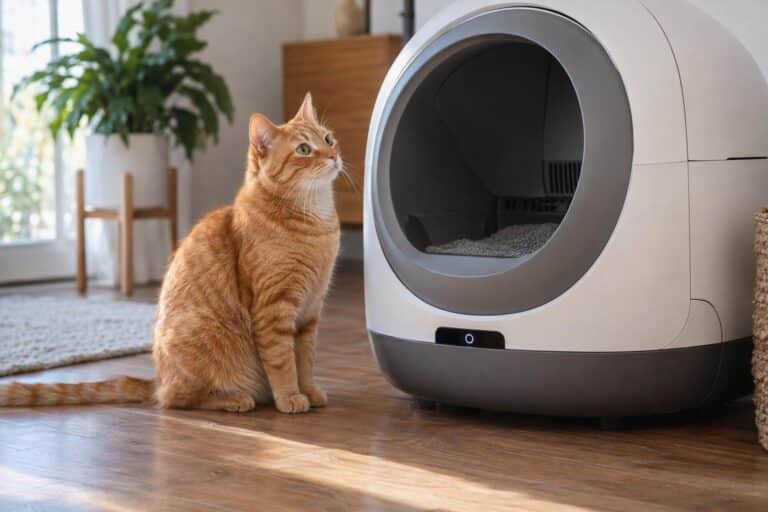 Chat roux assis à côté d'une litière intelligente moderne dans un intérieur domestique contemporain