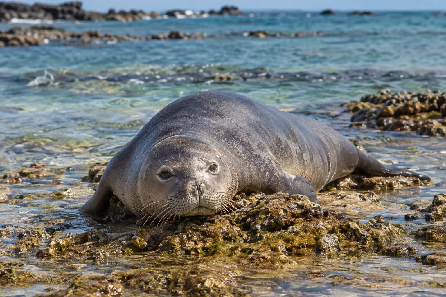 Phoque moine d'Hawaï reposant sur les rochers coralliens de son habitat naturel