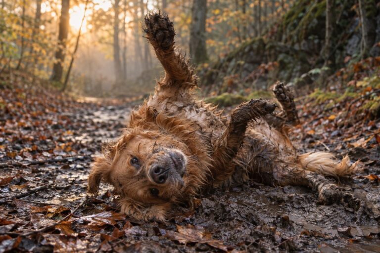 Gros plan d'un chien jouant ou se roulant dans la boue avec ses pattes sales, lors d'une promenade d'automne en forêt humide
