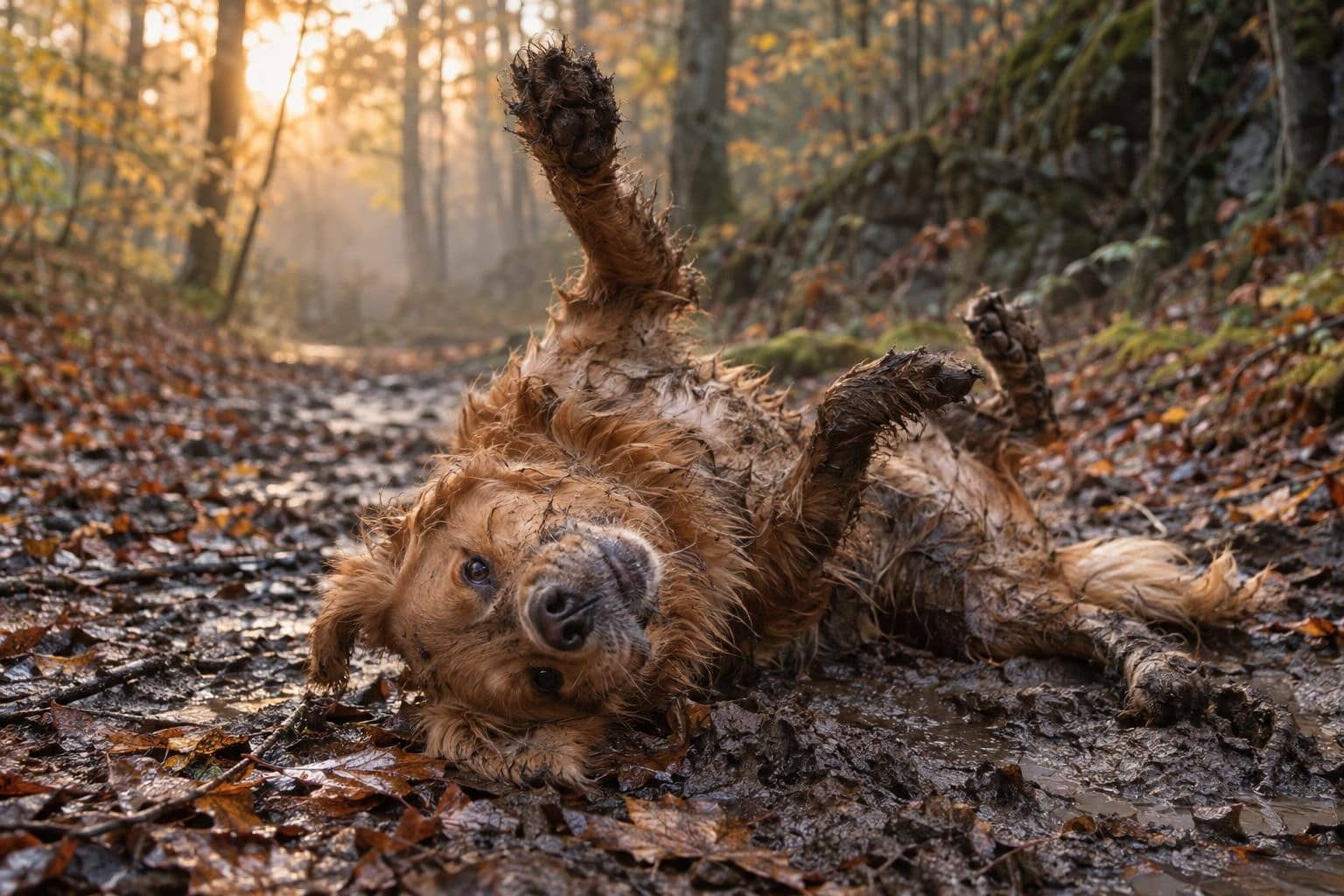 Gros plan d'un chien jouant ou se roulant dans la boue avec ses pattes sales, lors d'une promenade d'automne en forêt humide