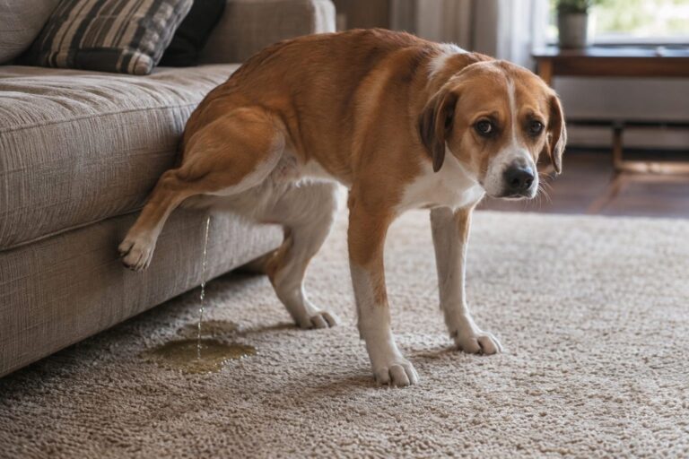 Un chien (race moyenne, poil court) accroupi en train d'uriner sur un tapis du salon à côté d'un canapé, avec expression de malaise