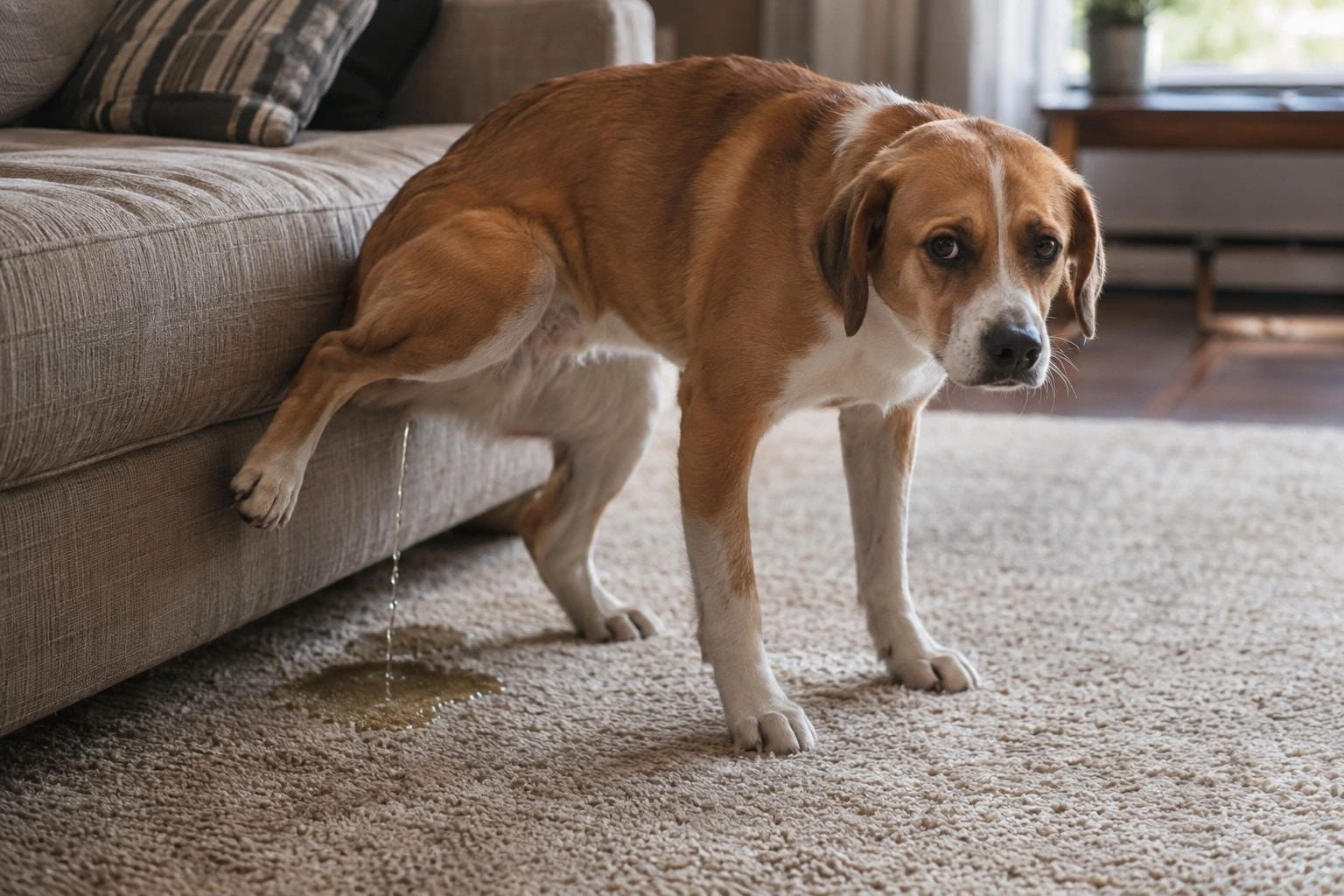 Un chien (race moyenne, poil court) accroupi en train d'uriner sur un tapis du salon à côté d'un canapé, avec expression de malaise