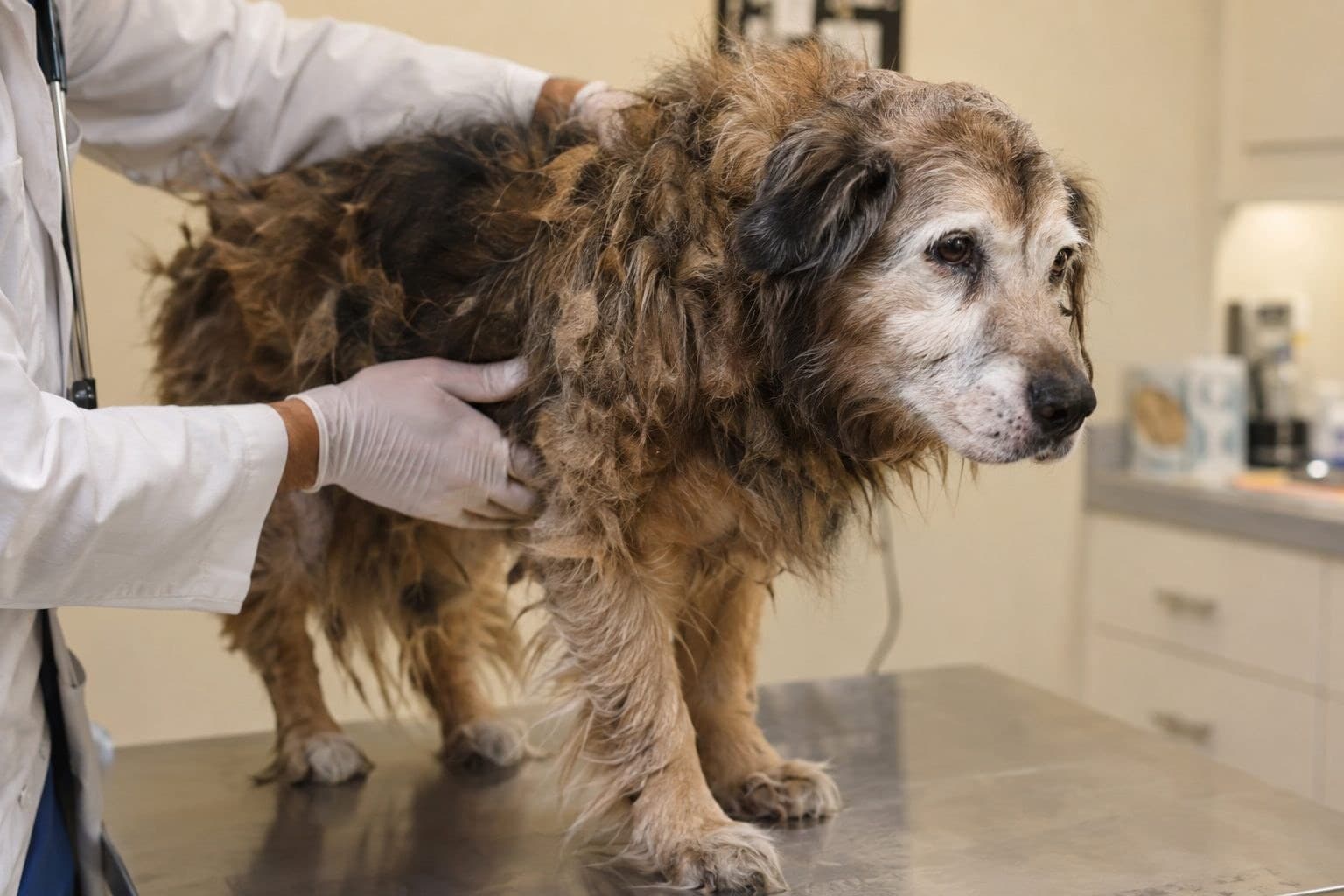 Chien âgé examiné par un vétérinaire en consultation médicale
