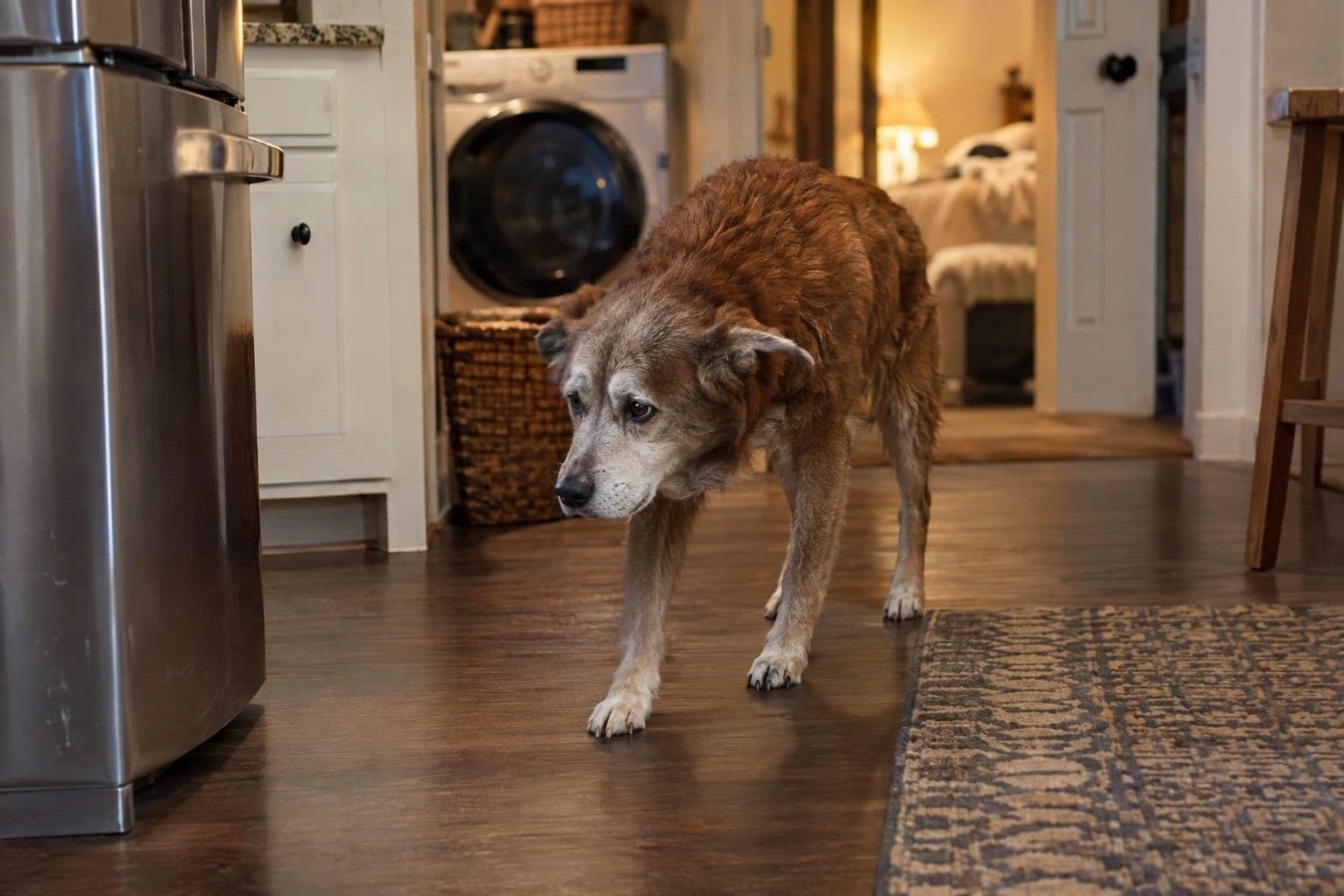 Vieux chien nerveux se cachant et explorant anxieusement l'intérieur d'une maison