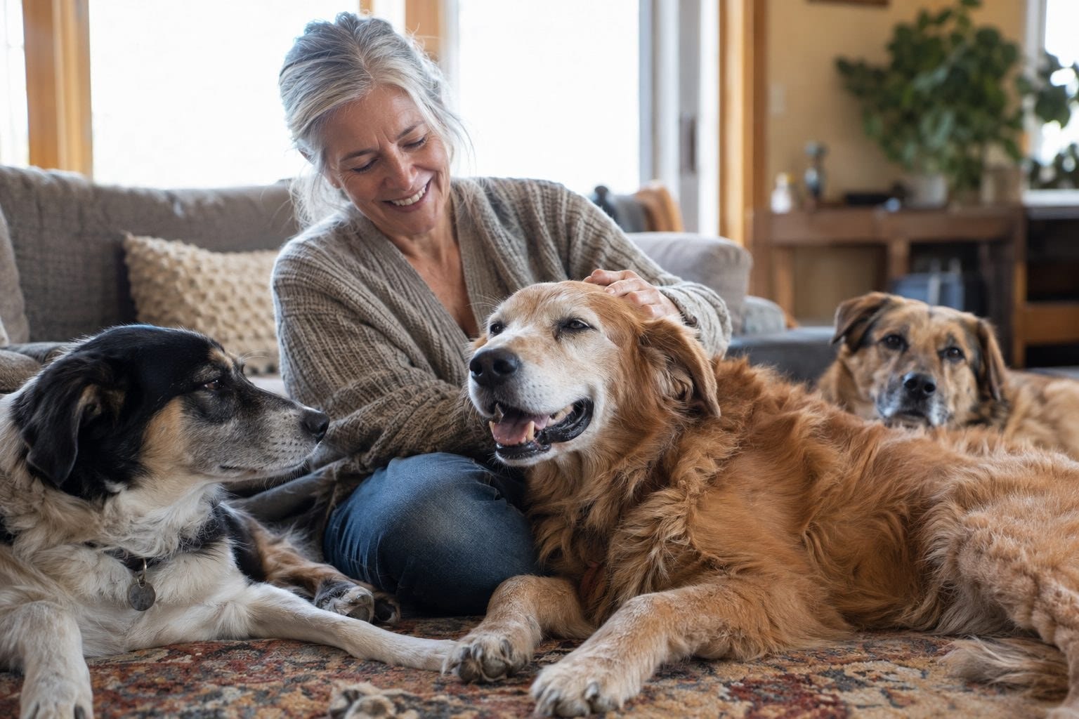 Chien âgé devenu affectueux et heureux avec sa famille adoptive et d'autres chiens