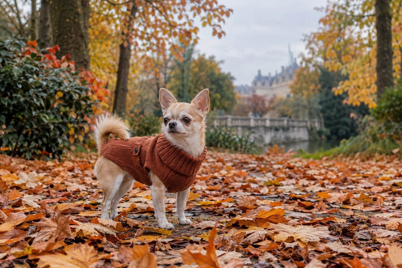 Un petit chien de race toy (Chihuahua ou similaire) vêtu d'un manteau automnal coloré, debout dans un parc avec des feuilles mortes et arbres en teintes d'automne, photographié de face en plan moyen