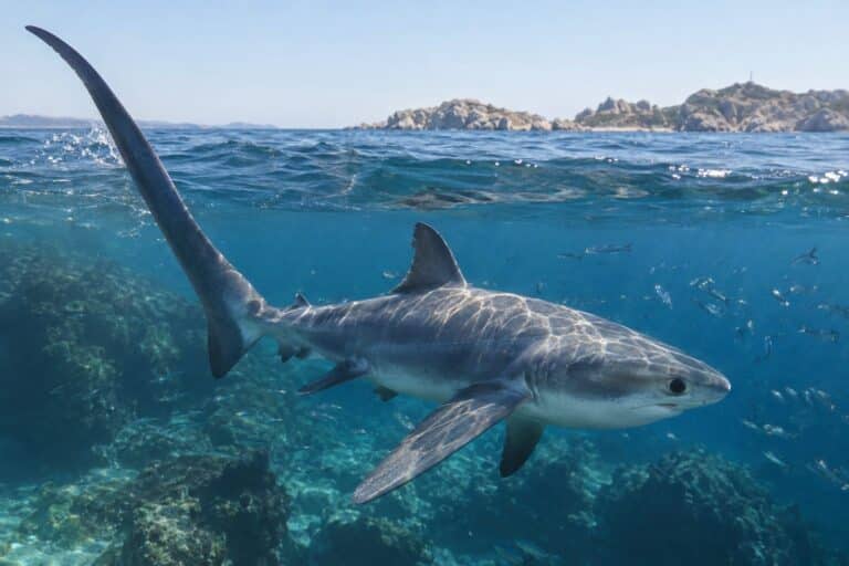 Requin-renard commun de 6 mètres attaquant une proie en Méditerranée