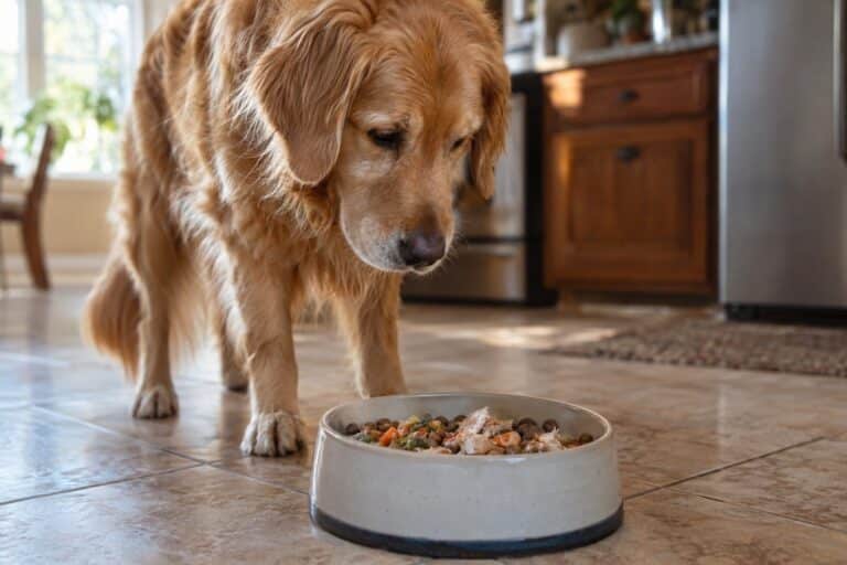Un chien de race moyenne (Golden Retriever) regardant avec envie une gamelle contenant des restes de nourriture humaine et des croquettes mélangées, dans une cuisine lumineuse