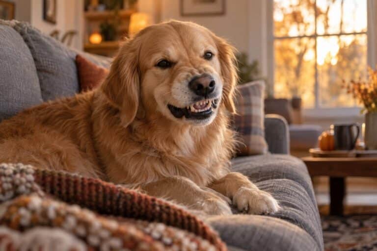 Un chien de race calme et docile (Golden Retriever ou Labrador) allongé sur un canapé gris dans un salon automnal, montrant ses dents dans une expression ambiguë entre sourire et grognement, avec la lumière douce du soir qui entre par une fenêtre der