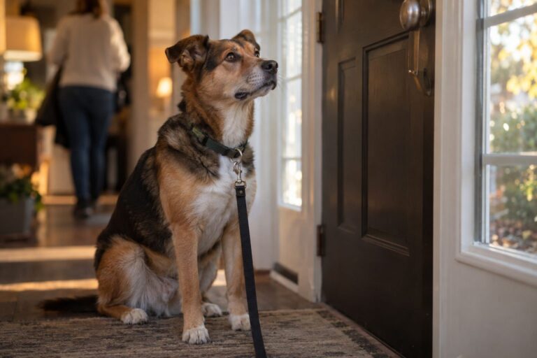 Un chien de race mixte assis devant une porte d'entrée, attendant patiemment à l'heure habituelle de la promenade, avec son maître visible en arrière-plan