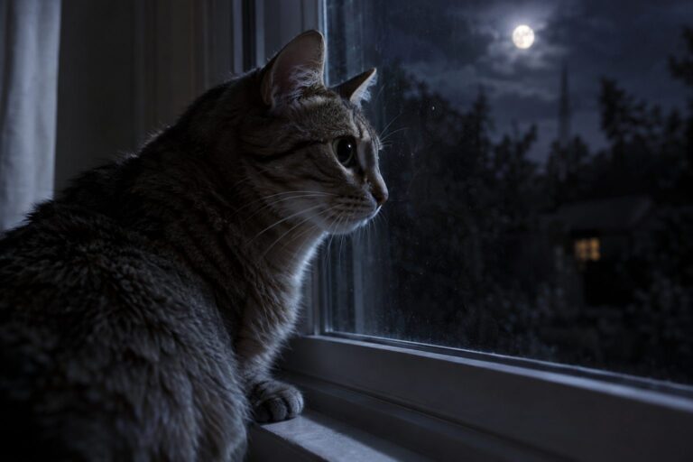 Chat domestique assis à la fenêtre la nuit, regardant dehors avec intensité, pupilles dilatées, illuminé par la lumière lunaire
