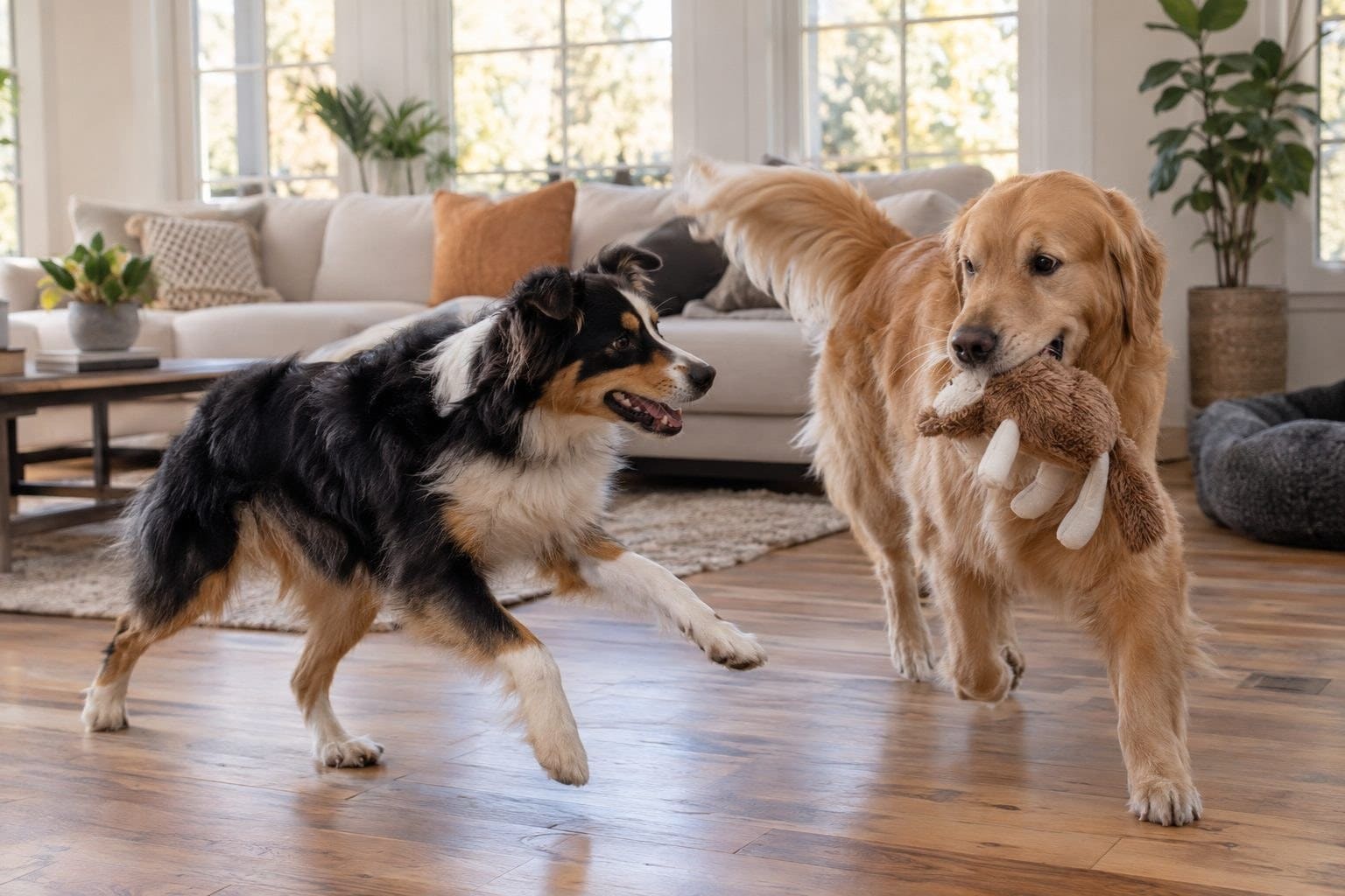 Deux chiens de races différentes jouant ensemble dans un salon lumineux, l'un cherchant à mordiller un jouet que l'autre tient