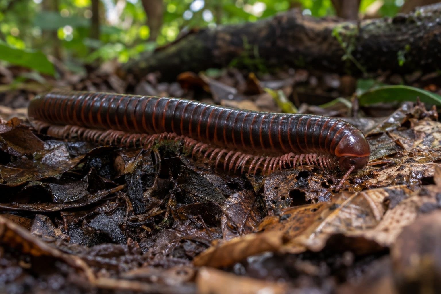Mille-pattes se nourrissant parmi les feuilles mortes au sol de sa forêt tropicale