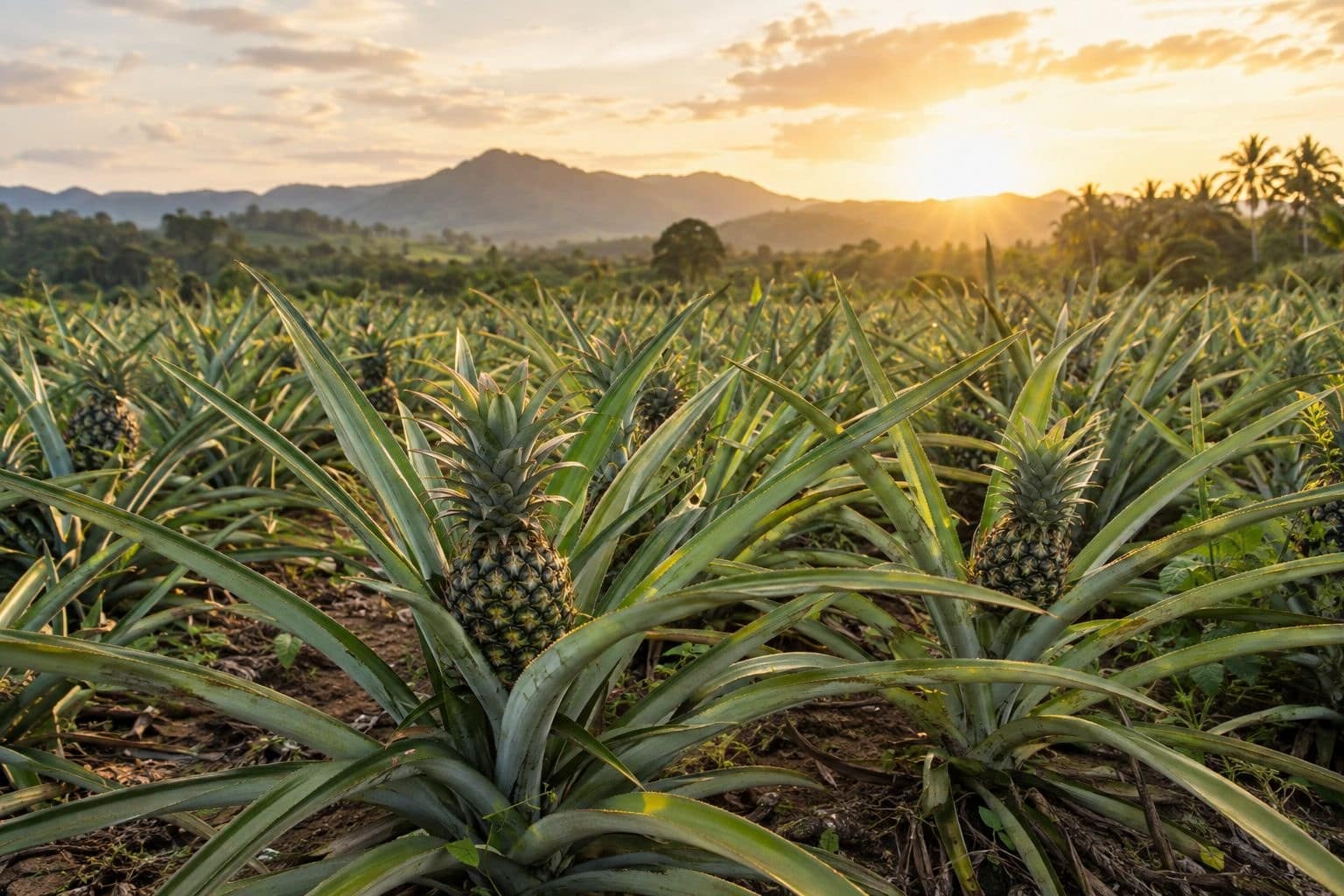 Feuilles d'ananas (Ananas comosus) dans une plantation tropicale avec les longues fibres vertes caractéristiques