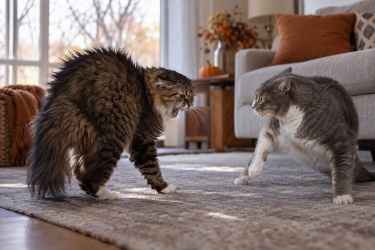Deux chats domestiques en confrontation tense dans un salon d'automne, l'un agressif et l'autre défensif