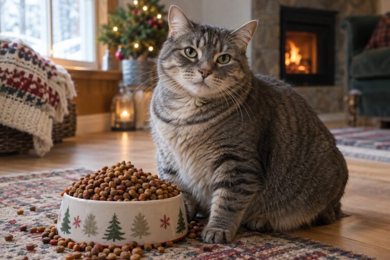Un chat gris tabby en surpoids regardant une gamelle pleine de croquettes pendant la période hivernale, avec décor de maison cosy