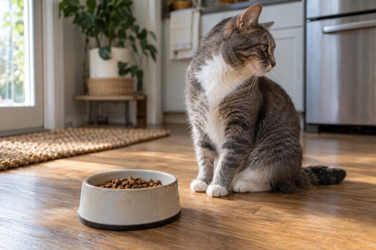 Un chat gris tabby assis devant sa gamelle de croquettes, détournant la tête avec indifférence