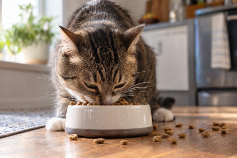 Un chat domestique mangeant avidement ses croquettes dans sa gamelle, avalant rapidement